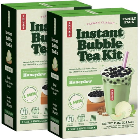 Pocas Bubble Tea Kit, Honeydew - Instant Milk Tea Powder with Authentic Tapioca Pearls for Instant Bubble Tea, 5 Kits Per Carton, 15 Oz Ea (Pack of 2)