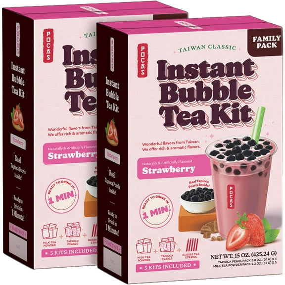Pocas Bubble Tea Kit, Strawberry - Instant Milk Tea Powder with Authentic Tapioca Pearls for Instant Bubble Tea, 5 Kits Per Carton, 15 Oz Ea (Pack of 2)