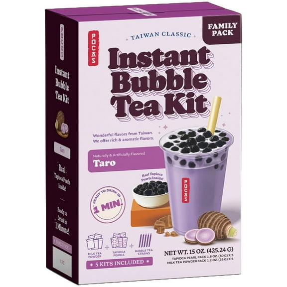 Pocas Bubble Tea Kit, Taro - Instant Milk Tea Powder with Authentic Tapioca Pearls for Instant Bubble Tea, 5 Kits Per Carton, 15 Oz