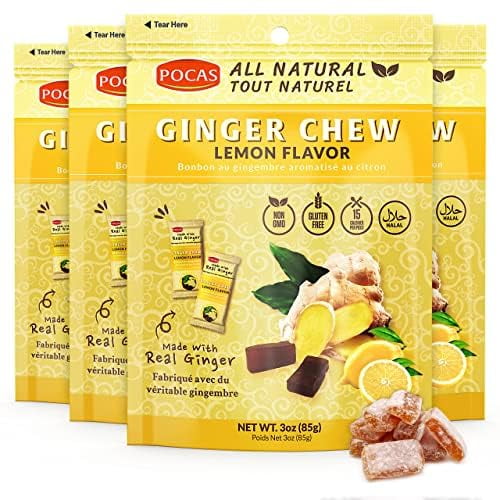 Pocas Lemon Ginger Chews - Sweet and Zesty Ginger Chew, Individually Wrapped Low-Calorie Snacks, Ginger Candy Made with Pure Cane Sugar, 3 Oz Ea (Pack of 4)