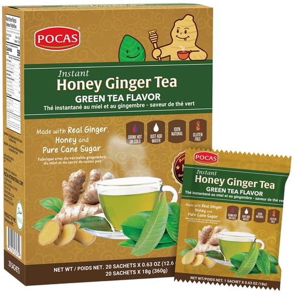 Pocas Honey Ginger Instant Tea Powder, Green Tea Flavor, Real Ginger Extract & Honey, 20 Packets per Box