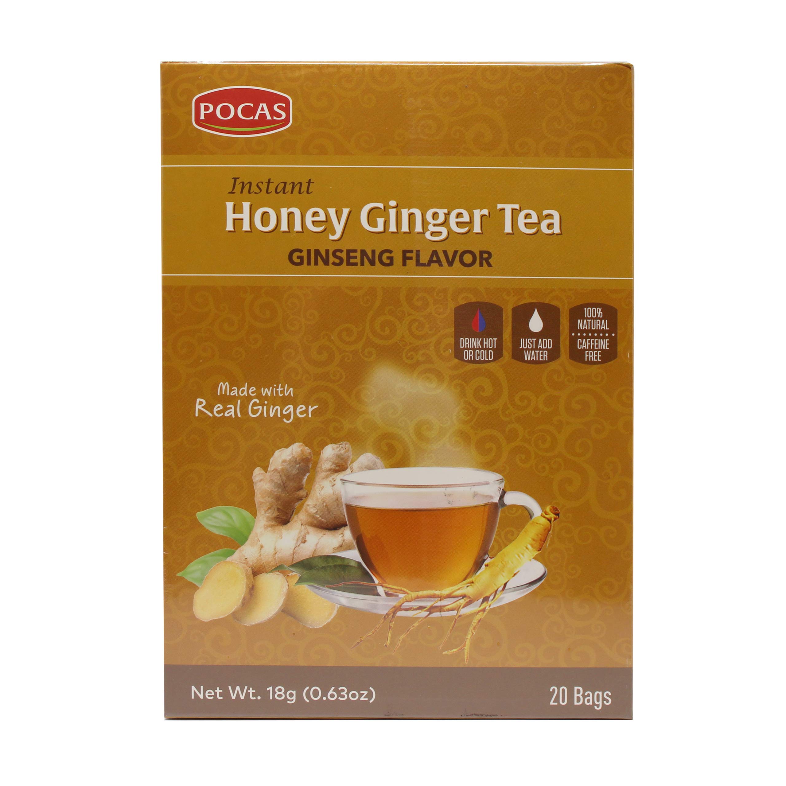 Pocas Honey Ginger Tea Instant Tea Powder Packets W/ Ginseng & Ginger