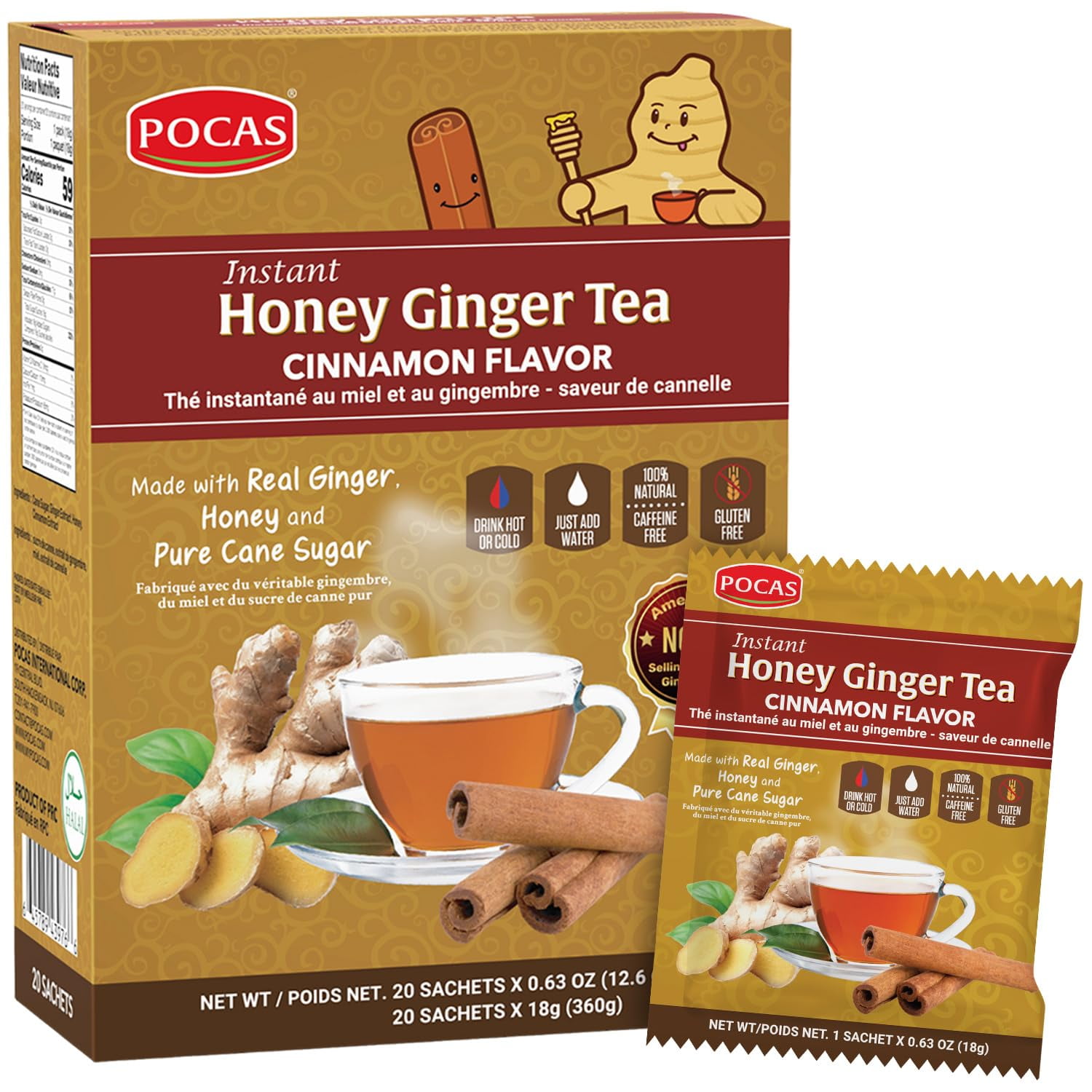 Pocas Honey Ginger Tea Instant Tea Powder Packets with Cinnamon & Ginger Honey Crystals Tea