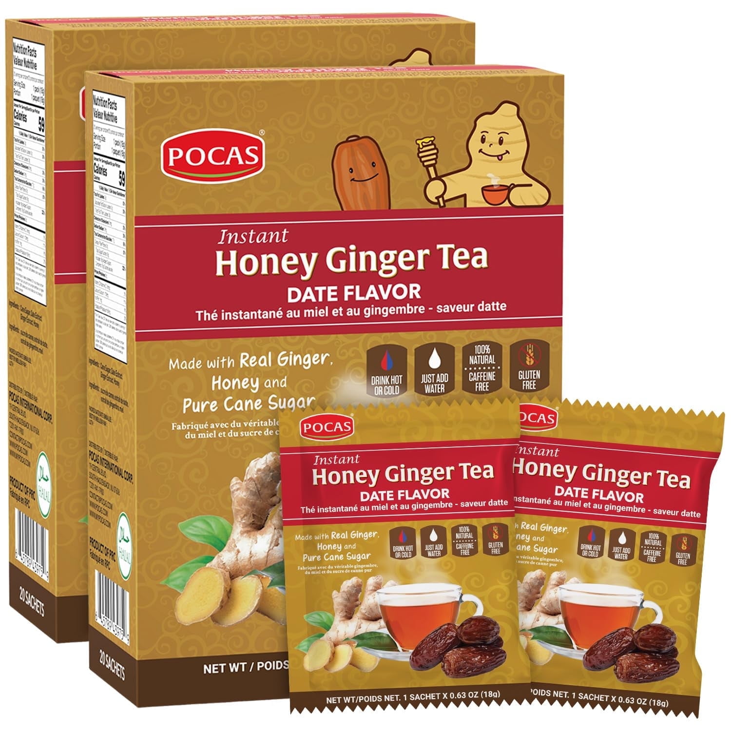 POCAS Instant Honey Ginger Tea with Date 2-Pack (40 Sachets), Caffeine-Free, Gluten-Free