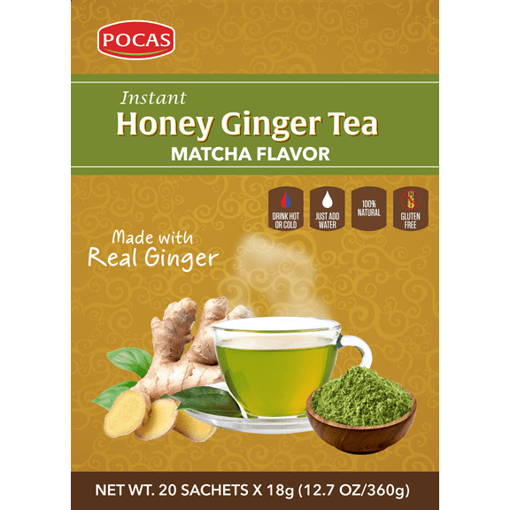 Pocas Honey Ginger Tea, Matcha, 12.7 Ounce, 20 Bags (Pack of 2)