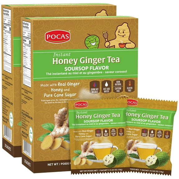 Pocas Honey Ginger Instant Tea Powder, Soursop Flavor 2-Pack, Ginger Extract & Real Honey, Caffeine-Free Tea, 20 Packets per Box