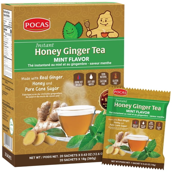 Pocas Instant Honey Ginger Green Tea 20 Sachets Box Real Ginger, Honey & Green Tea Wellness Drink