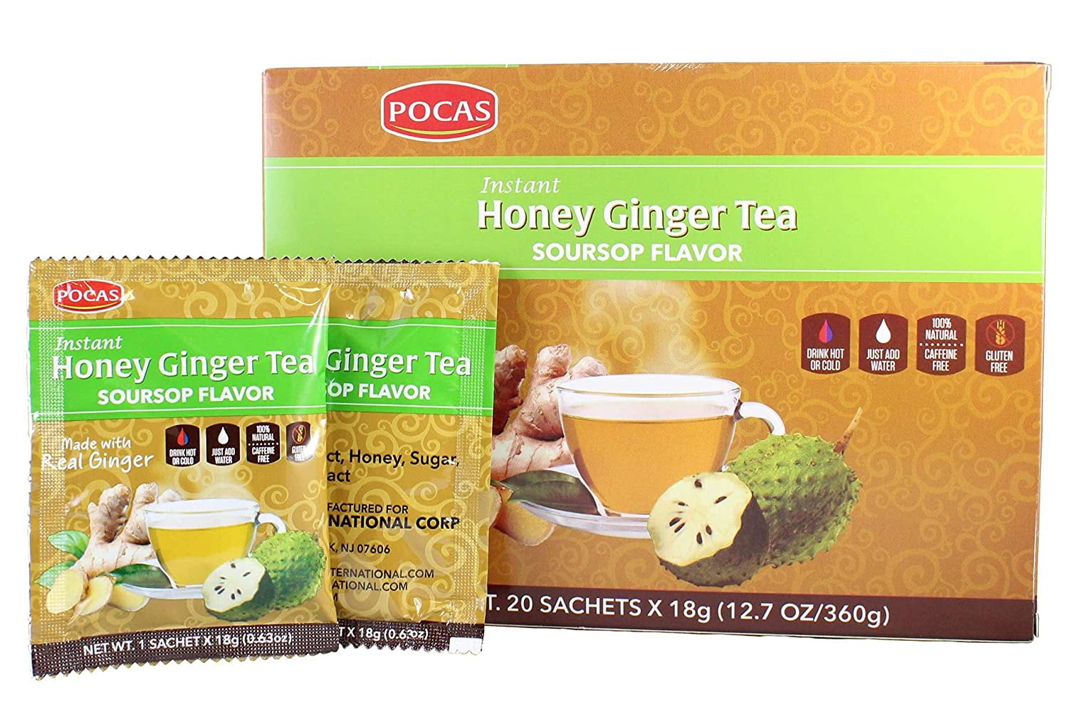 Pocas Instant Honey Ginger Tea Soursop Flavor 20 Sachets Pack of 2