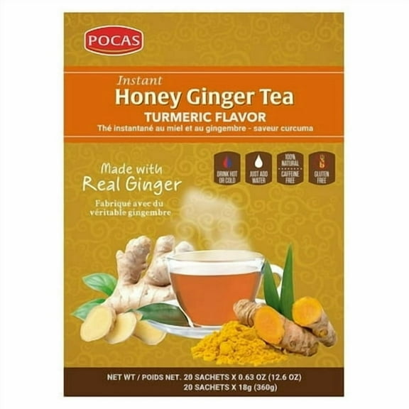 Pocas Instant Honey Ginger Tea Turmeric Flavor 20 Count Box Herbal Tea with Real Ginger, Honey & Turmeric