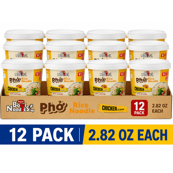 Pocas Pho Chicken Flavor Rice Noodle Soup Bowls, 2.82 oz Cups, 12 Pack Instant Vietnamese Style Noodle Soup
