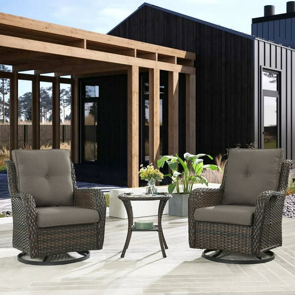 Pocassy  3-Piece Outdoor Swivel Bistro Set, Wicker Rocking Chairs Brown/Grey
