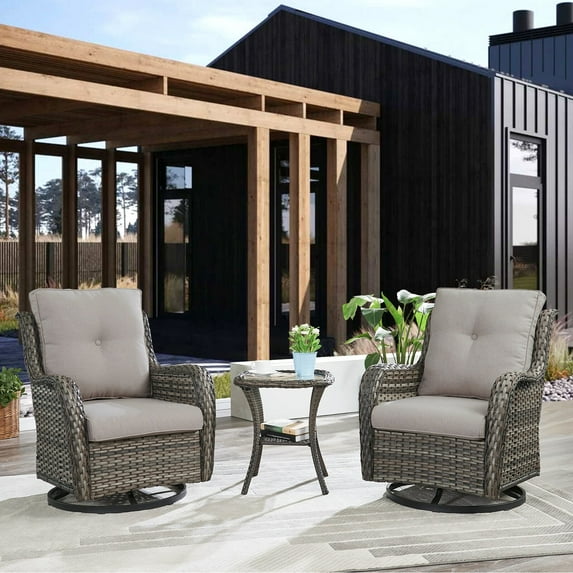 Pocassy 3-Piece Outdoor Swivel Bistro Set, Wicker Rocking Chairs Grey/Beige