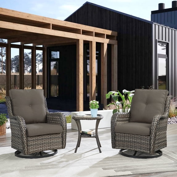 Pocassy 3-Piece Outdoor Swivel Bistro Set, Wicker Rocking Chairs Grey/Grey