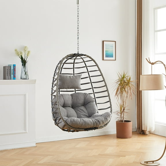 PARKWELL Foldable Hanging Egg Chair Without Stand, PE Wicker Rattan for Indoor and Outdoor, Beige Cushion and Grey Frame