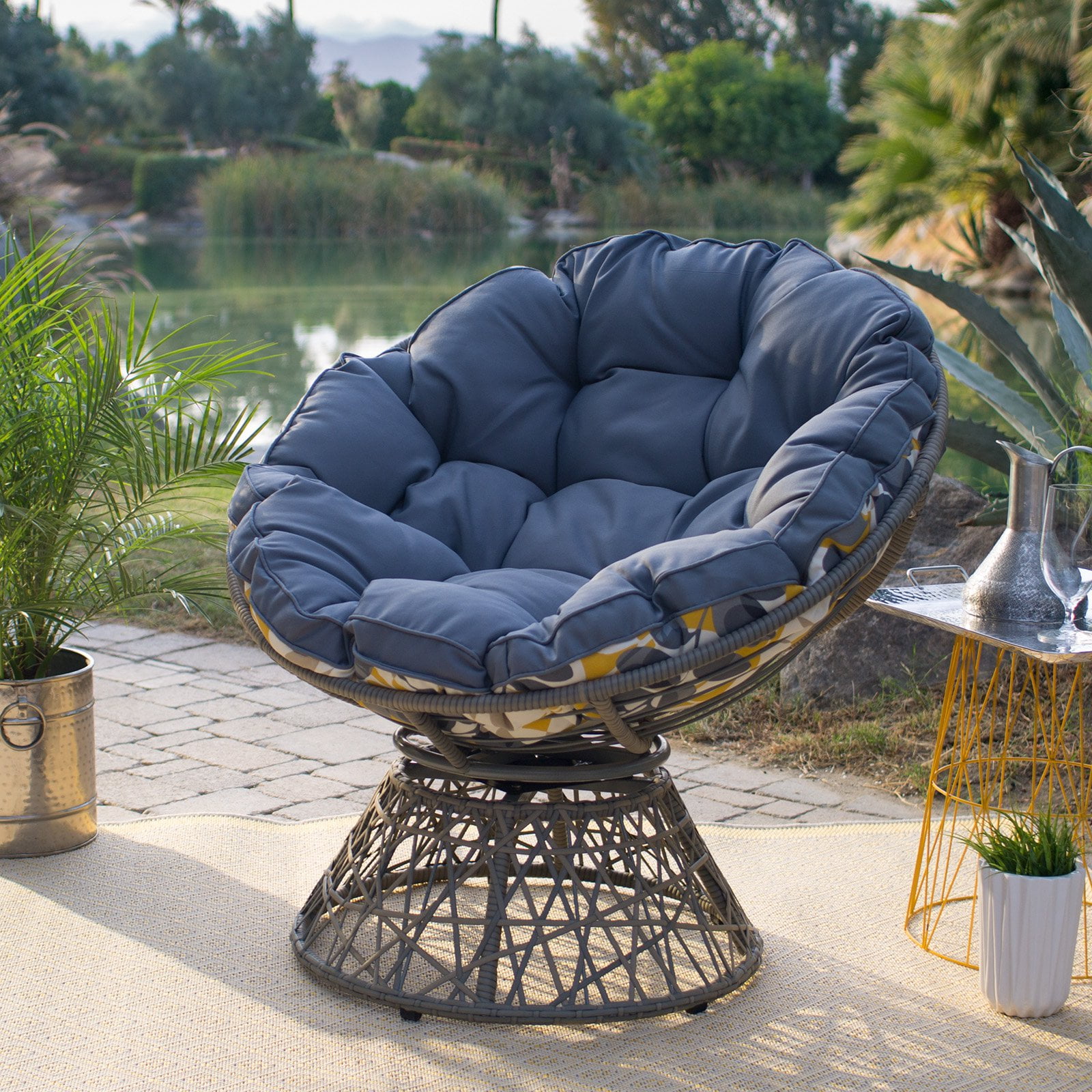 Grey Wicker Outdoor Papasan Chair with Blue Cushions