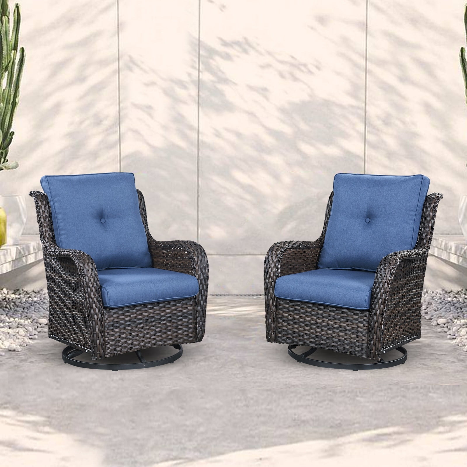 Pocassy Outdoor Wicker Glider Swivel Club Chairs (Set of 2) Brown/Blue ...