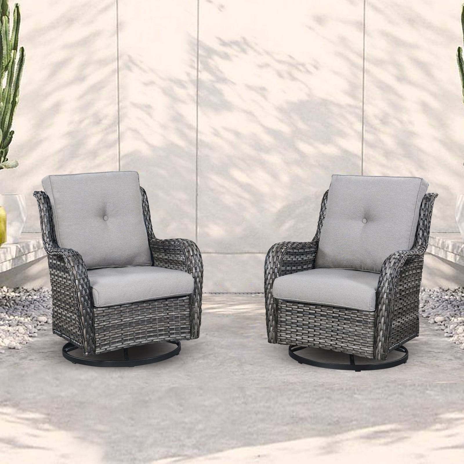 Pocassy Outdoor Wicker Glider Swivel Club Chairs (Set of 2) Grey/Grey