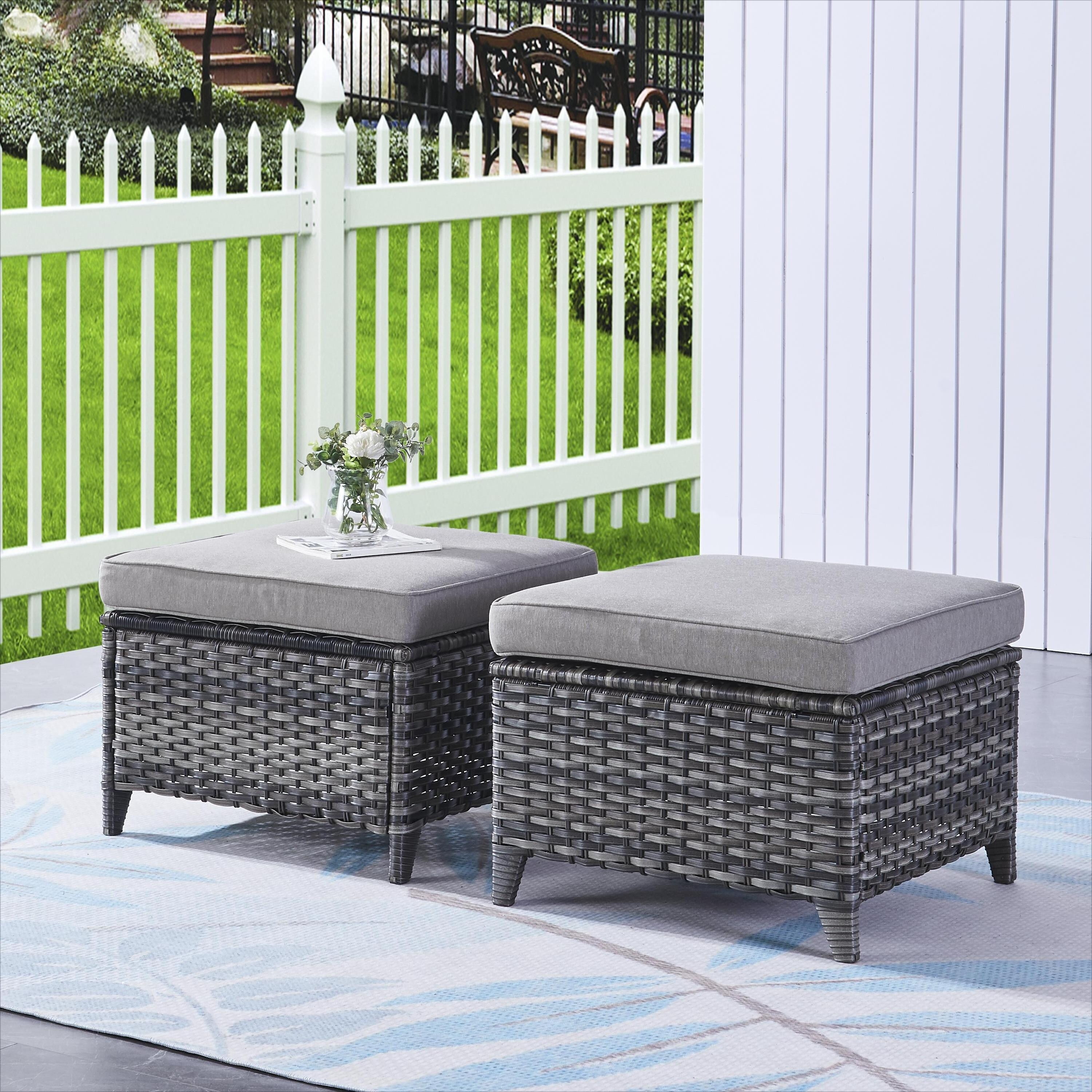 Pocassy Outdoor cushioned Wicker Footstool Ottomans Grey Grey