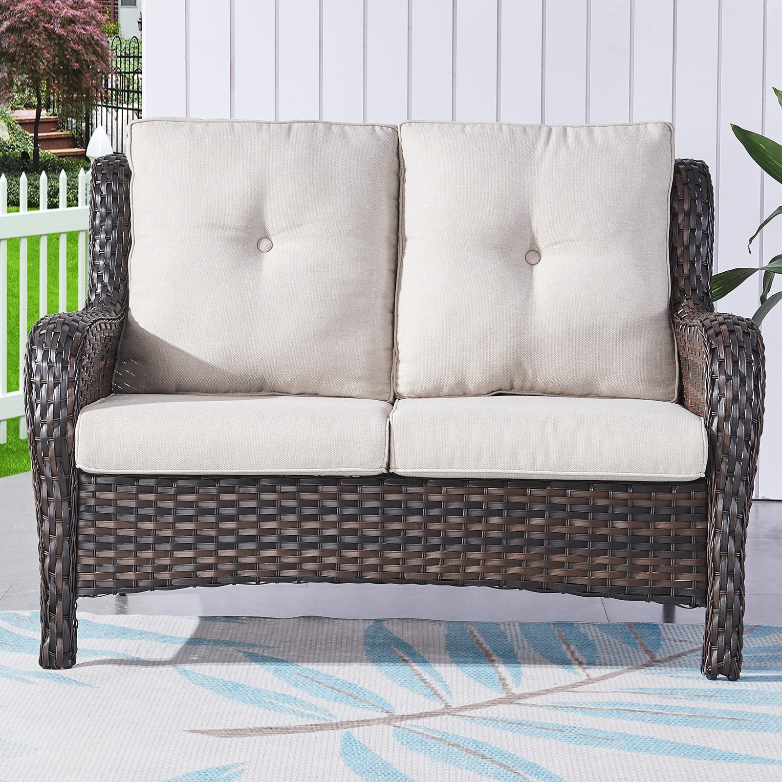 Beige and Brown Wicker Outdoor Loveseat with Cushions
