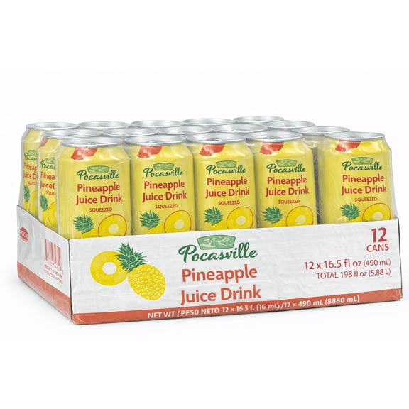 Pocasville Pineapple Juice Drink, 16.5 fl oz Cans, 12 Count, Squeezed Tropical Fruit Beverage