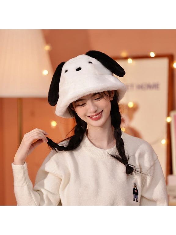 Pochacco Cartoon Kuromi Plus Fleece Hat Soft Plush Fisherman Hat Basin Hat Winter Ladies Cute Warm Ear Protection Hat