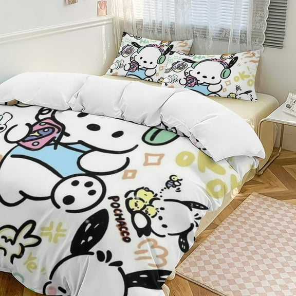 Pochacco Duvet Cover Set 3-Piece Bedding Set Soft Warm And Comfortable Soft Bed Set with 1 Duvet Cover And 2 Pillowcases for Bedroom All Season
