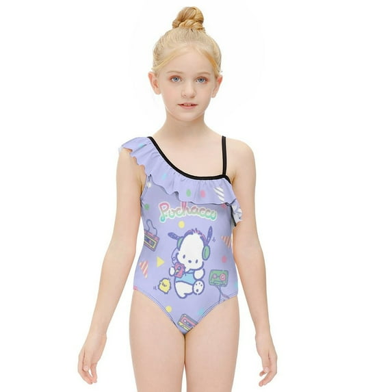 Pochacco Girls One Piece Swimsuits Hawaiian Ruffle Swimwear Beach Bathing Suit Outfits
