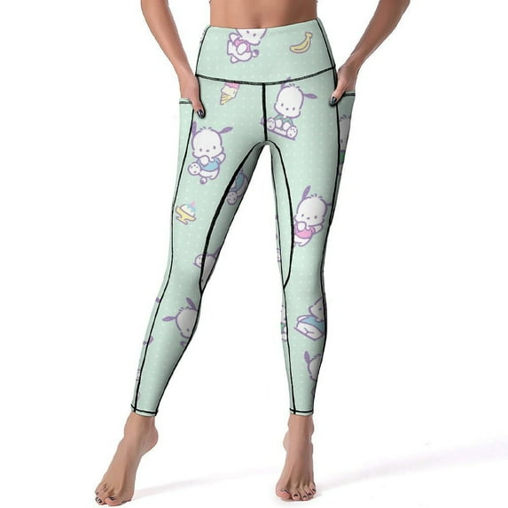 Pochacco High Waisted Leggings for Women, Yoga Pants with Pockets, Soft Athletic Tummy Control Pants for Running Yoga Workout