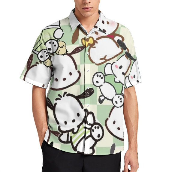 Pochacco Men's Hawaiian Shirts Short Sleeve Button Down Casual Shirts Summer Tropical Aloha Beach Shirts