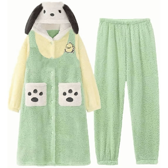 Pochacco Pajamas Set, Women's Nightgown with Pants, Warm Cozy Ears Hooded Sleepwear Loungewear PJ Set L