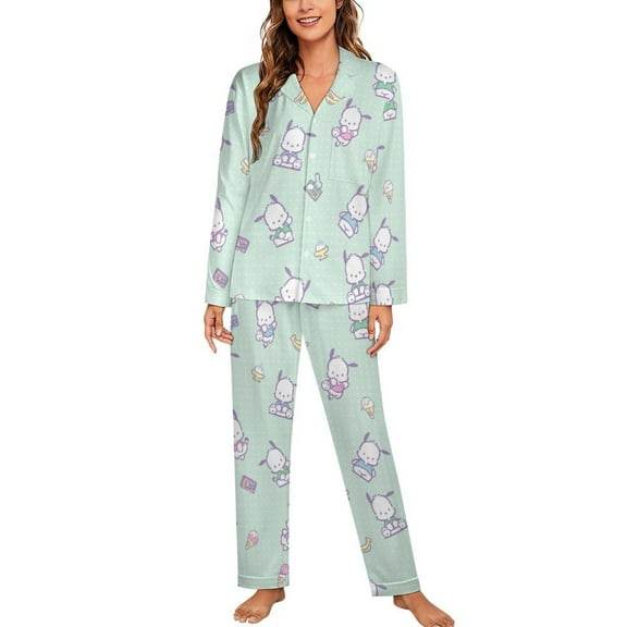 Pochacco Women Pajamas Set Long Sleeve Sleepwear Button Down Nightwear Soft Pjs Set with Pockets