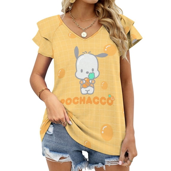 Pochacco Womens Summer Tops Ruffle Short Sleeve Tunic Tops V Neck Loose Fit Flowy T-Shirts