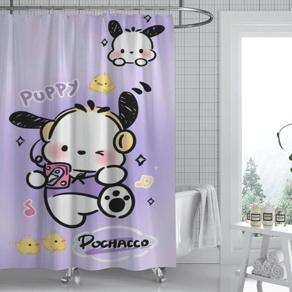 Pochacco shower curtain features a unique pattern, is fully waterproof, and installs in minutes, transforming your bathroom oasis. Measures 59" x 71" (150 x 180 cm).