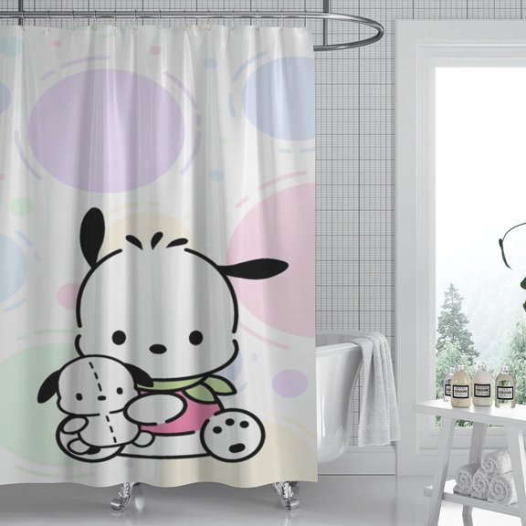 Pochacco shower curtain features a unique pattern, is fully waterproof, and installs in minutes, transforming your bathroom oasis. Measures 59" x 71" (150 x 180 cm).