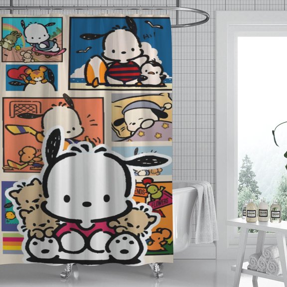 Pochacco shower curtain features a unique pattern, is fully waterproof, and installs in minutes, transforming your bathroom oasis. Measures 59" x 71" (150 x 180 cm).