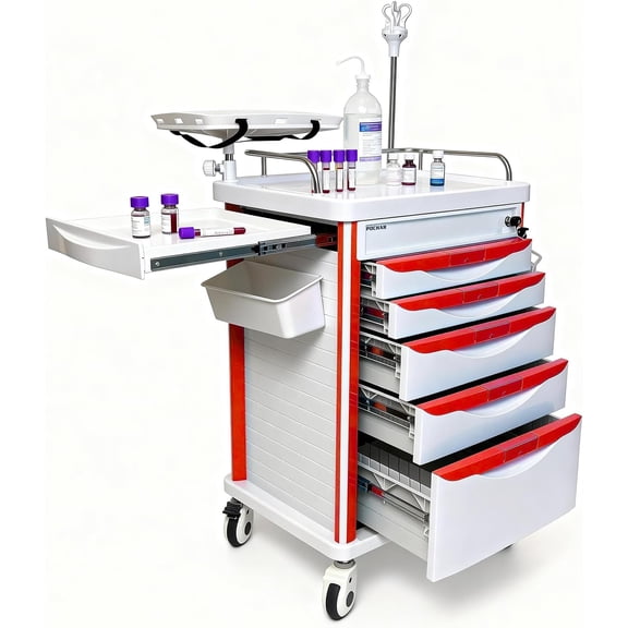 Pochar Medical Crash Cart with Emergency Accessory - Mobile Emergency Cart for Hospitals and Clinics (Red-White)