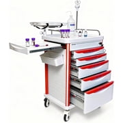 Pochar Medical Crash Cart with Emergency Accessory - Mobile Emergency Cart for Hospitals and Clinics Red-White