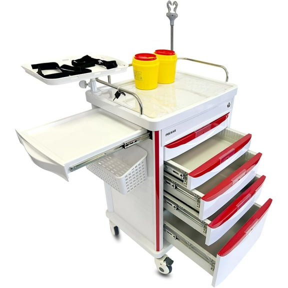 POCHAR Medical Crash Cart with Emergency Accessory - Mobile Emergency Cart for Hospitals and Clinics (Red-White)