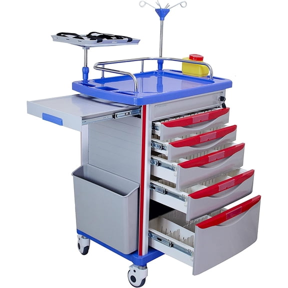 Pochar Medical 5-Tier Medical Crash Cart with Wheels - Rolling Nursing Cart with Adjustable IV Pole for Hospitals, Clinics, Nursing Centers