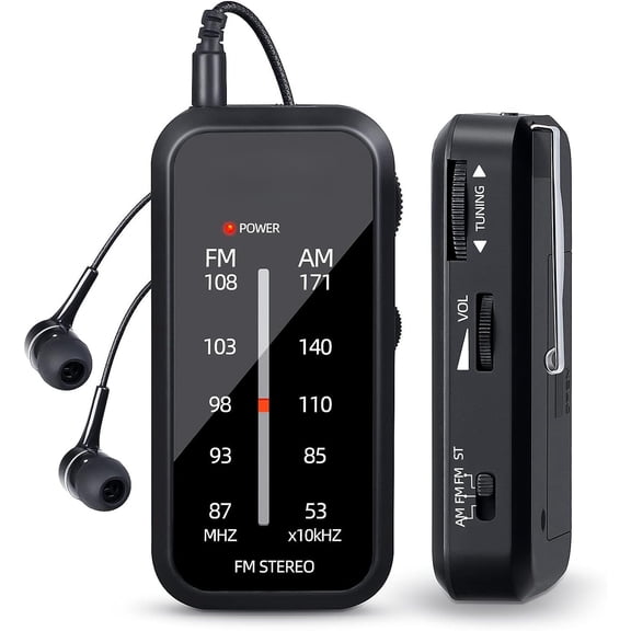 Pocket AM FM Radio Portable Battery Operated with Back Clip & Headphones for Outdoor, Emergency, Walking, Running