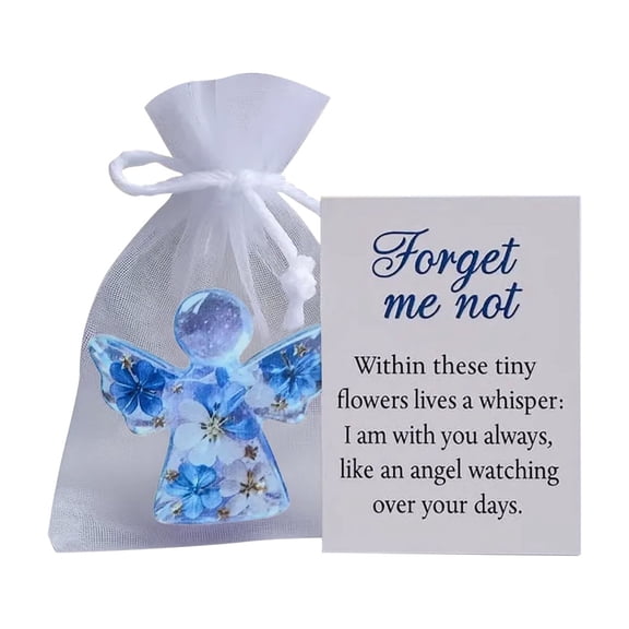 Pocket Angel Gift, Forget Me Not Preserved Flower Decor, Sympathy Keepsake Set with 1 Greeting Card 1 Piece Hugging Angel Figurine 1 Organza Bag, for Memorial Remembrance Comfort Gifting Family Frien