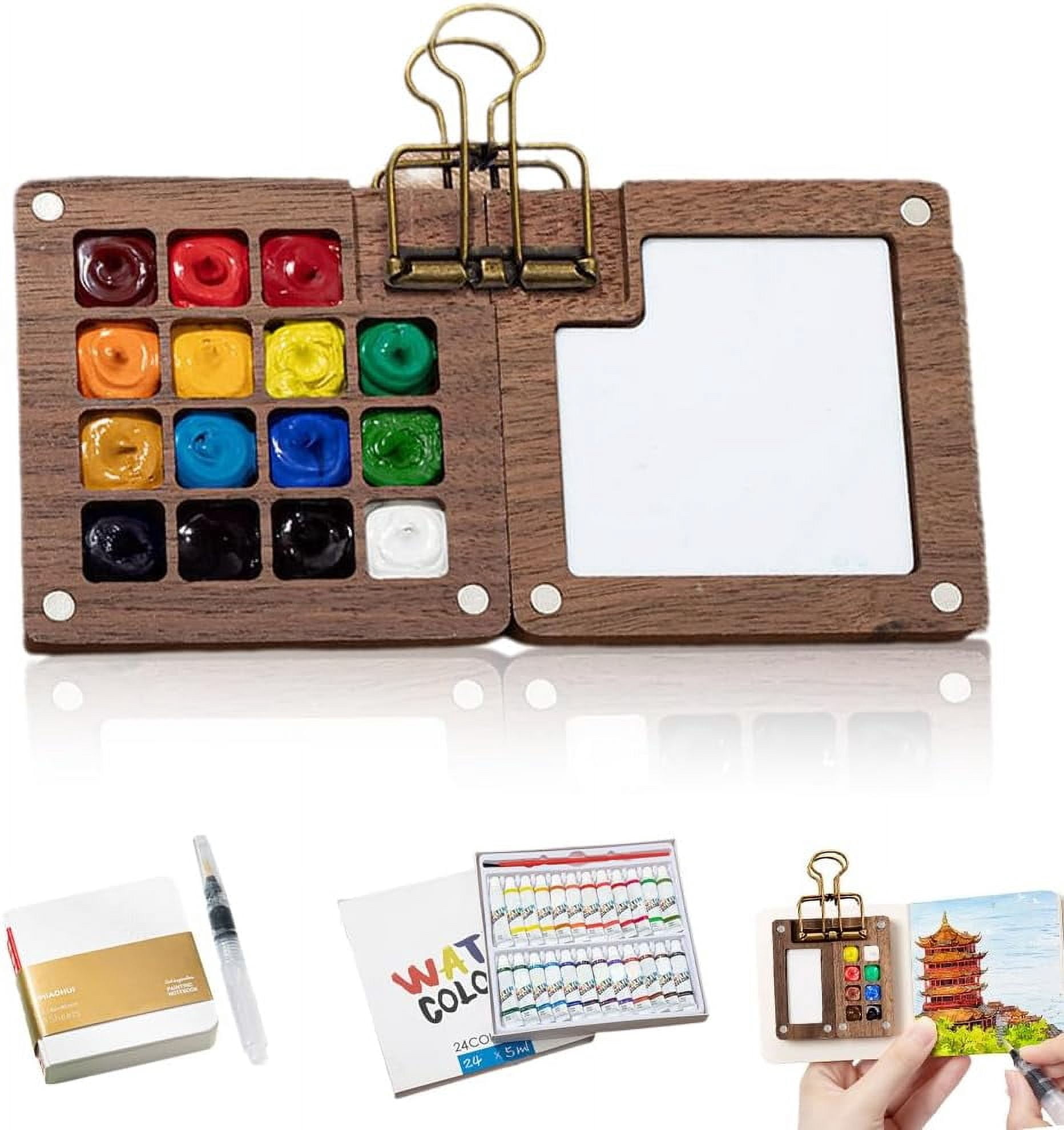 Pocket Artist Watercolor Travel Set, 2025 New Mini Watercolor Paint Set with Colours, Mini Paint Kit with Binder Clips Painting Tray for Painting Party, DIY and Art Painting