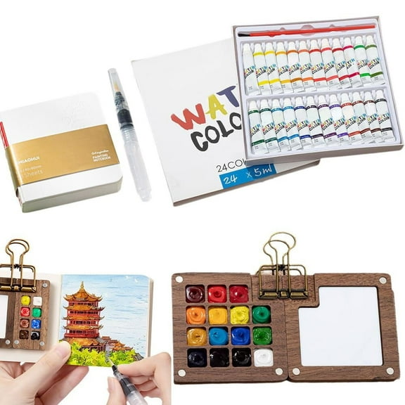 Pocket Artist Watercolor Travel Set, Pocketartist Drawing Board Paint Palette Travel Kit, Mini Portable Watercolor Travel Set Painter's Palette with Brush and Sketchbook (8 Grid)
