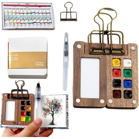 Pocket Artist Watercolor Travel Set, Travel Kit Mini Watercolor Paint Palette Set, Pocketartist Travel Set Mini Portable Watercolor Travel Set,2024 Wooden Grid Paint Palette (8 Grid Set)