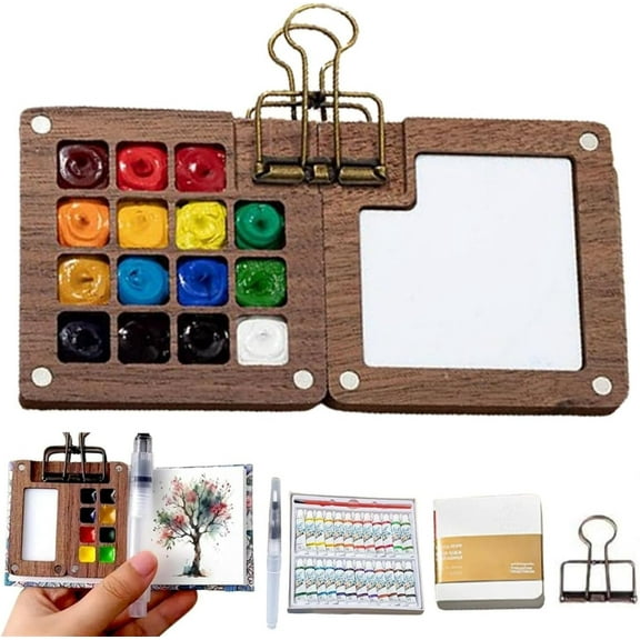 Pocket Artist Watercolor Travel Set, Travel Kit Mini Watercolor Paint Palette Set, Pocketartist Travel Set Mini Portable Watercolor Travel Set，2024 Wooden Grid Paint Palette (15 Grid Set)