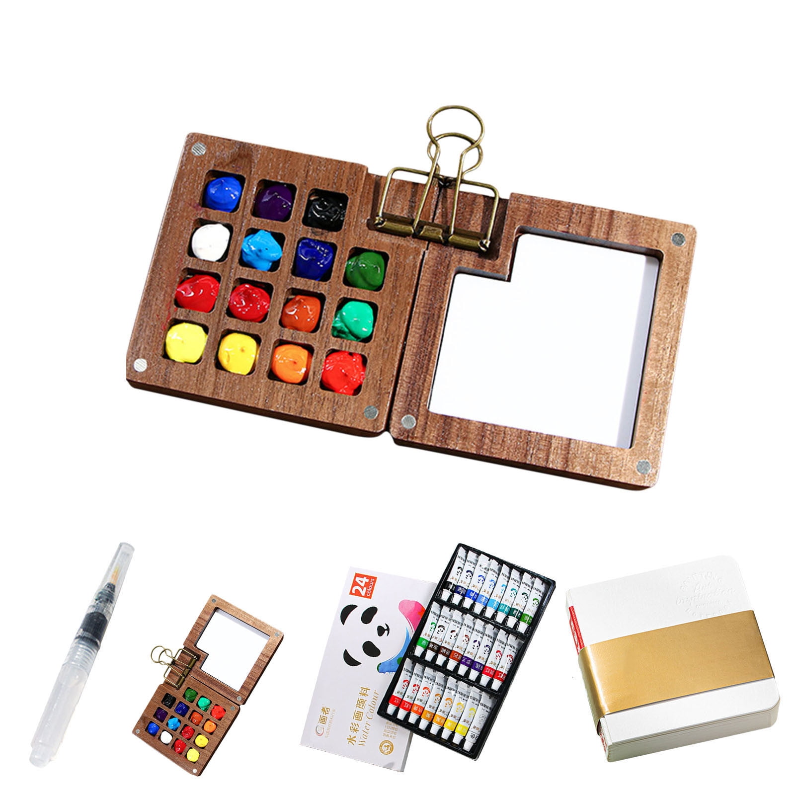 Pocket Artist Watercolor Travel Set, Travel Paint Palette, Wooden Paint Palette Travel Kit, Mini Portable Watercolor Palette with Clip for Artists Painters Students (15 Grid 24 Colors Set)