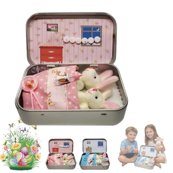 Pocket Bunny Plush Easter Gift for Kids, Mini Soft Bunny with Personalized House Box, DIY Adoption Toy for Easter Basket Stuffer Decor(K)