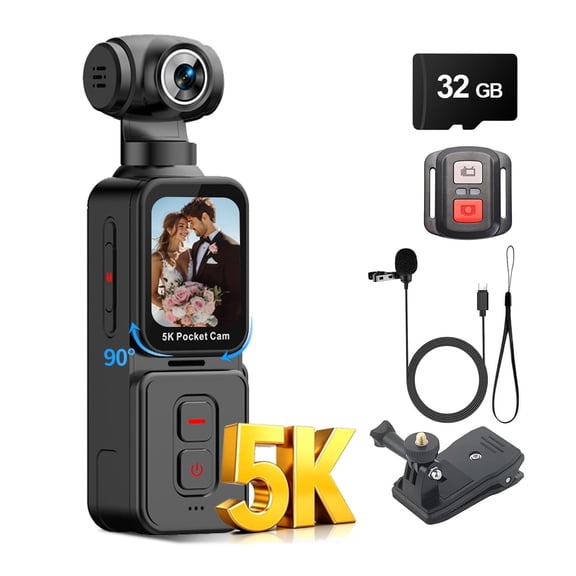 Pocket Camera 5K with Face Detection Automatic Rotating Lens, Vlogging Camera Body Cam with Rotatable Touch Screen, External Mic, Remote Control, 64GB Card