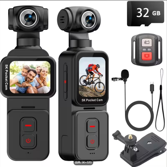 Pocket Camera 5K with Face Detection Automatic Rotating Lens, Vlogging Camera Body Cam with Rotatable Touch Screen, External Mic, Remote Control, 64GB Card