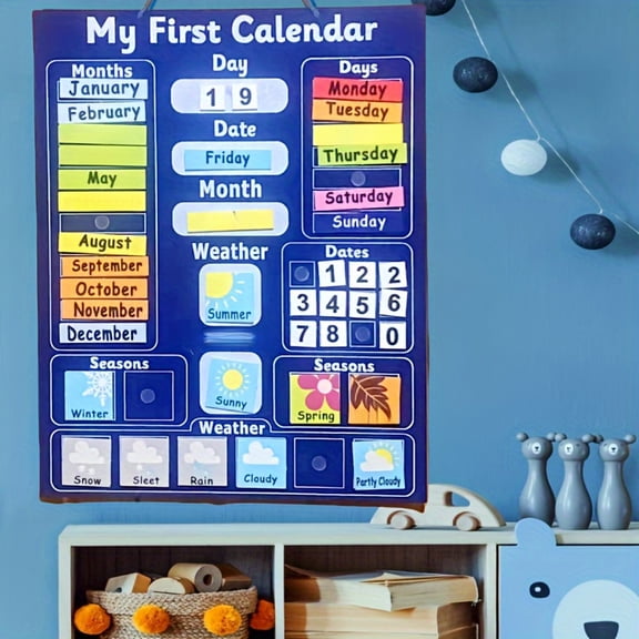 Pocket Chart Calendar with Interactive Weather and Season Cards, Complete Set, Blue, for Kids Classroom and Homeschool, Hobby Wall Decoration